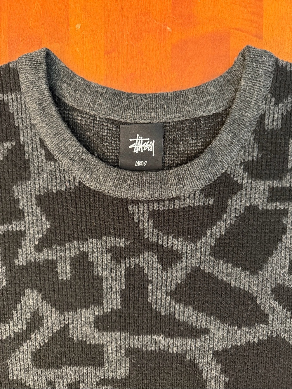 Stussy 100% Wool Black and Gray Geometric Crewneck Sweater